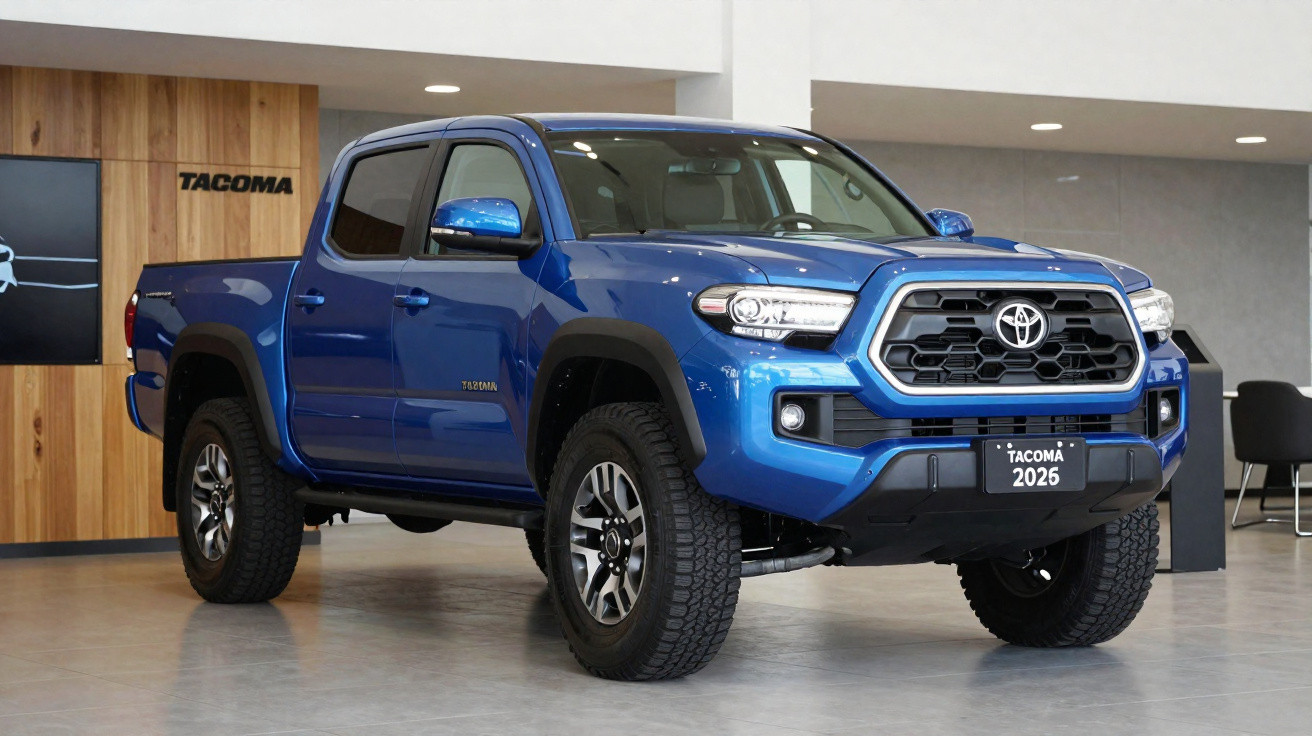 Picape Toyota Tacoma azul 2026 exibida em showroom moderno com parede de madeira ao fundo.