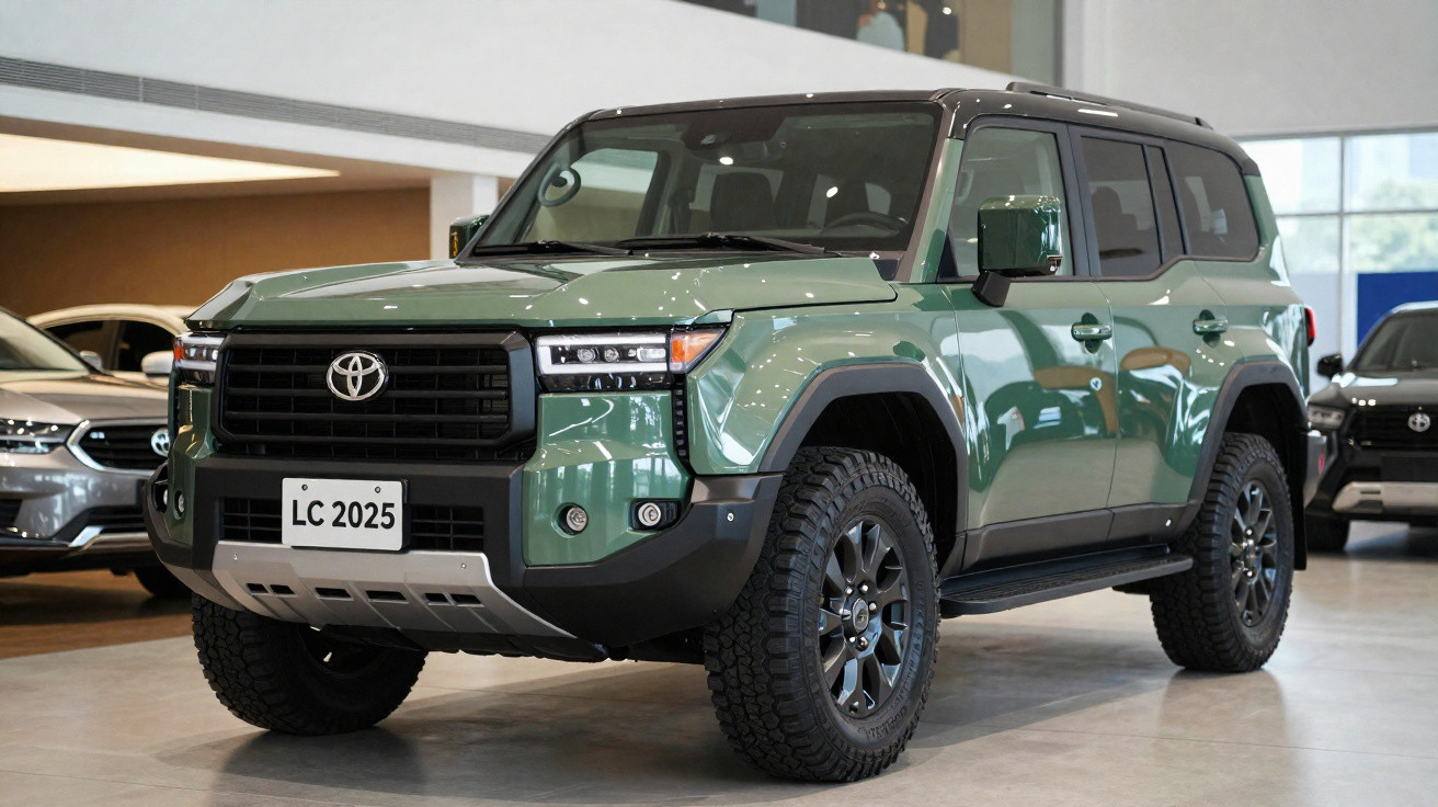 SUV Toyota Land Cruiser 2025 verde com teto preto exposto em concessionária.