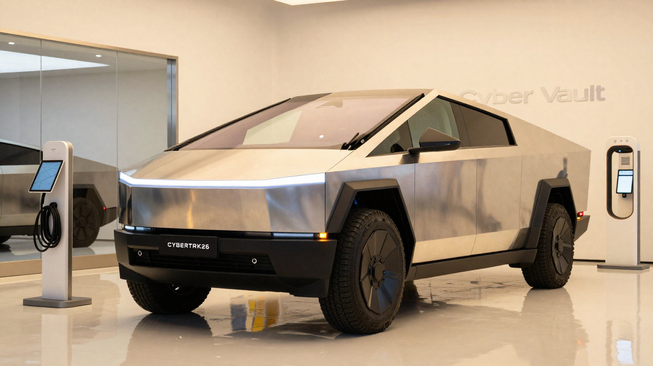 Carro elétrico futurista Tesla Cybertruck prata estacionado em showroom junto a estações de recarga.