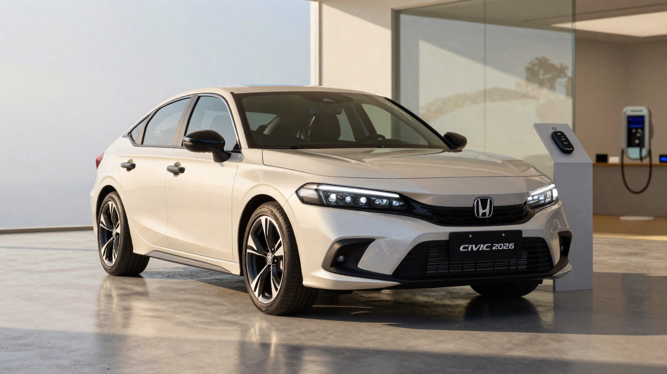 Carro Honda Civic 2026 branco em ambiente interno moderno com carregador elétrico ao fundo.