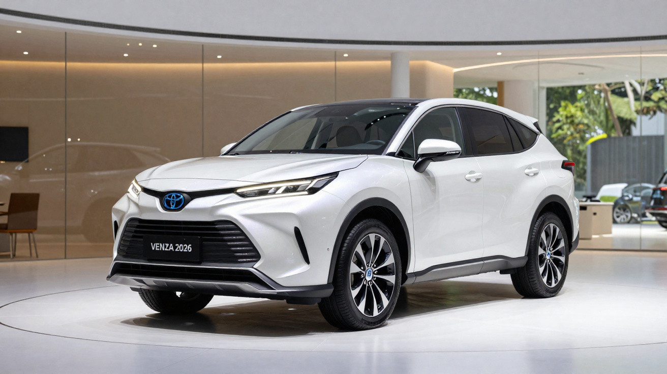 Carro SUV branco Toyota Venza 2026 exposto em showroom moderno e iluminado.