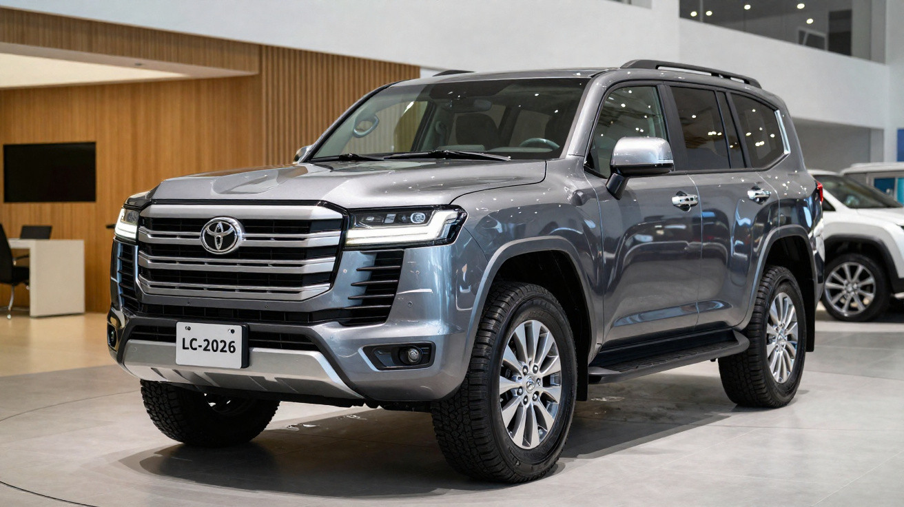 SUV Toyota Land Cruiser 2023 cinza exibido em showroom moderno com iluminação indireta.