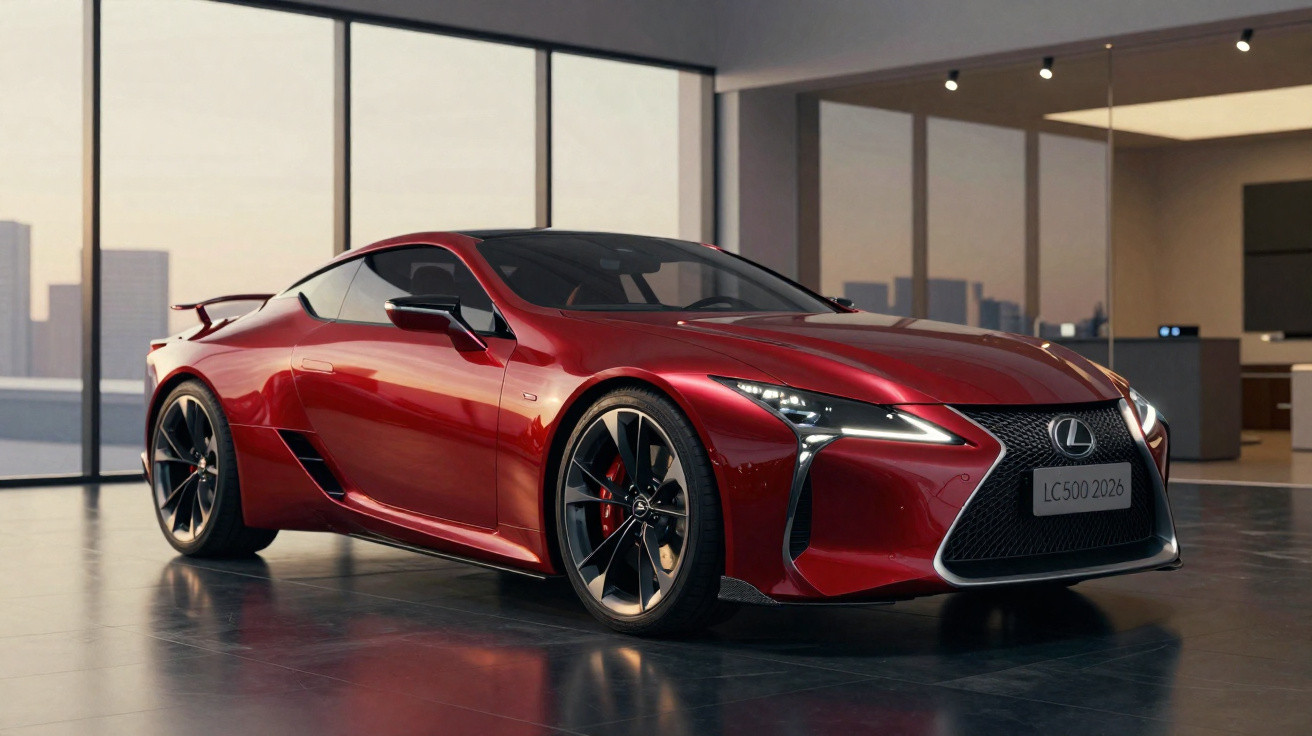 Carro esportivo Lexus LC 500 2026 vermelho estacionado em ambiente interno moderno.