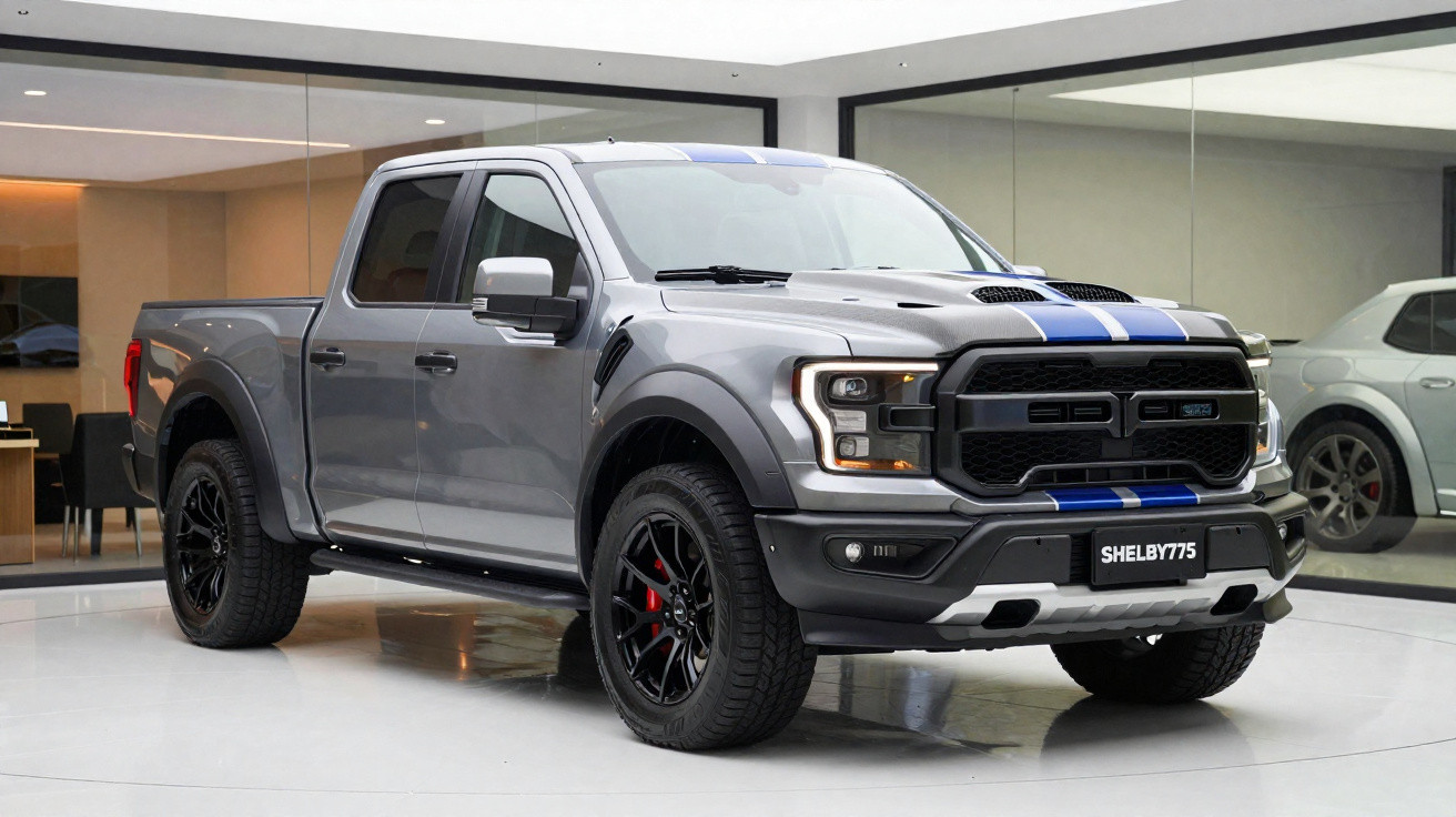 Picape Ford Shelby Raptor cinza com faixa azul exposta em showroom moderno.