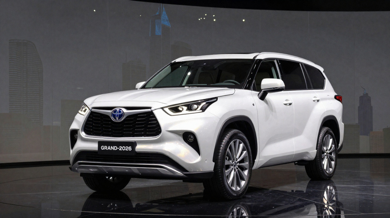 SUV branco Toyota Grand 2026 exibido em estúdio com fundo escuro e reflexo no chão brilhante.