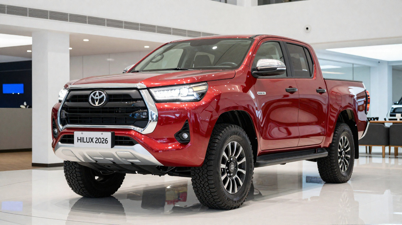 Picape Toyota Hilux 2026 vermelha exibida em showroom moderno e bem iluminado.