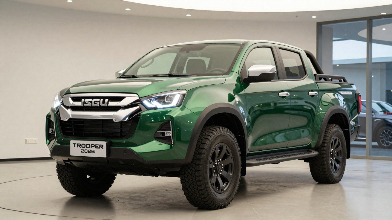 Picape verde ISGU Trooper 2026 estacionada em ambiente interno, vista frontal esquerda.