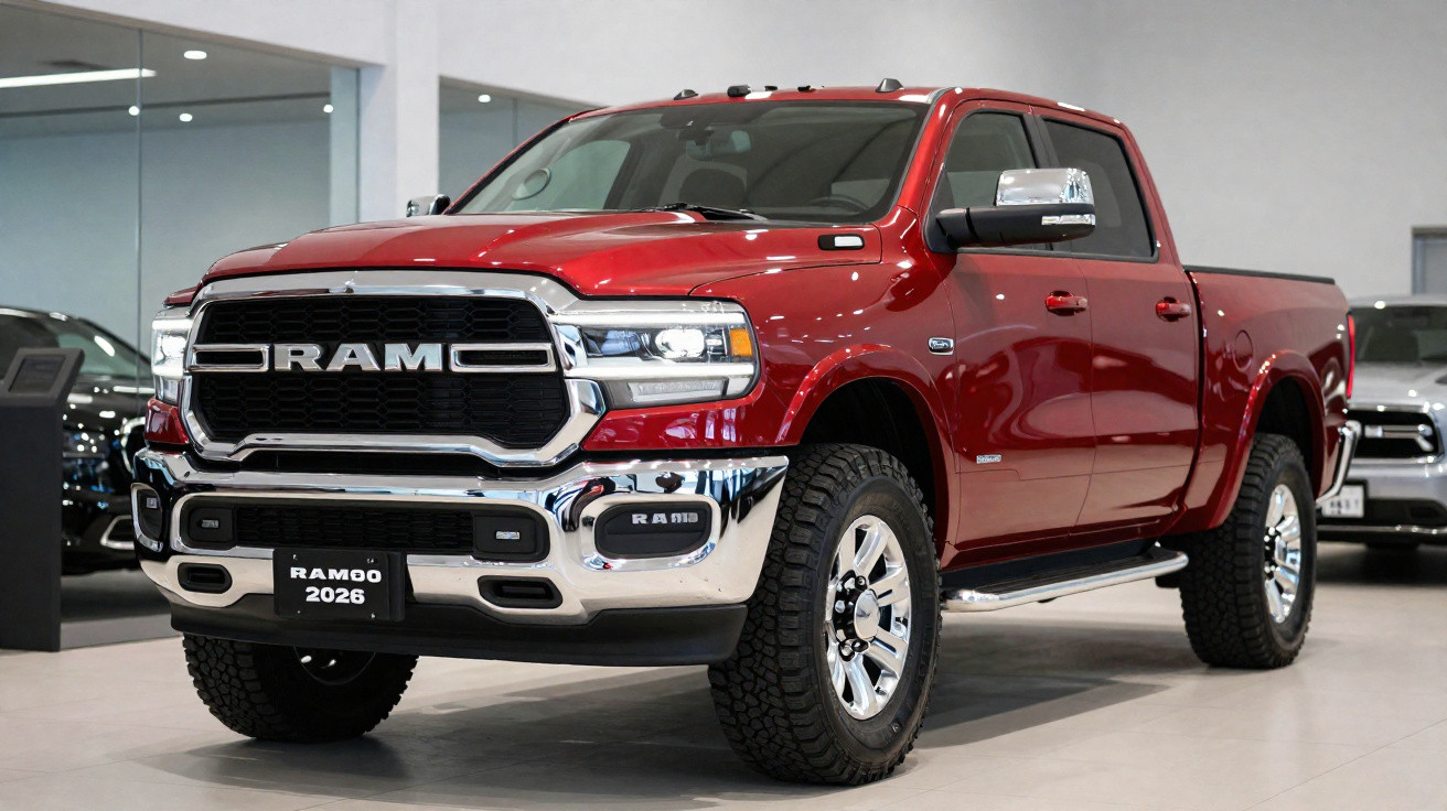 Picape vermelha RAM 2026 em exposição dentro de showroom automotivo moderno.