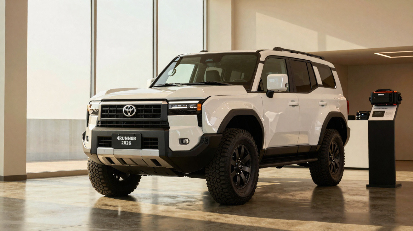 SUV Toyota 4Runner 2026 branco exibido em ambiente interno bem iluminado.