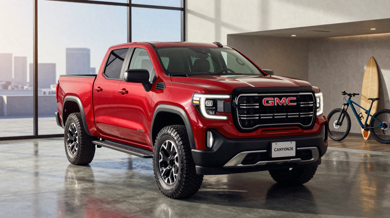 Picape vermelha GMC Canyon em ambiente interno moderno com bicicleta e prancha de surfe ao fundo.