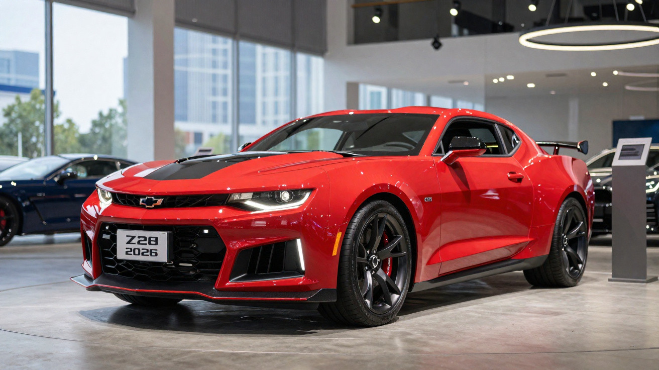 Carro esportivo vermelho Chevrolet Camaro Z28 2026 em exposição dentro de showroom moderno.
