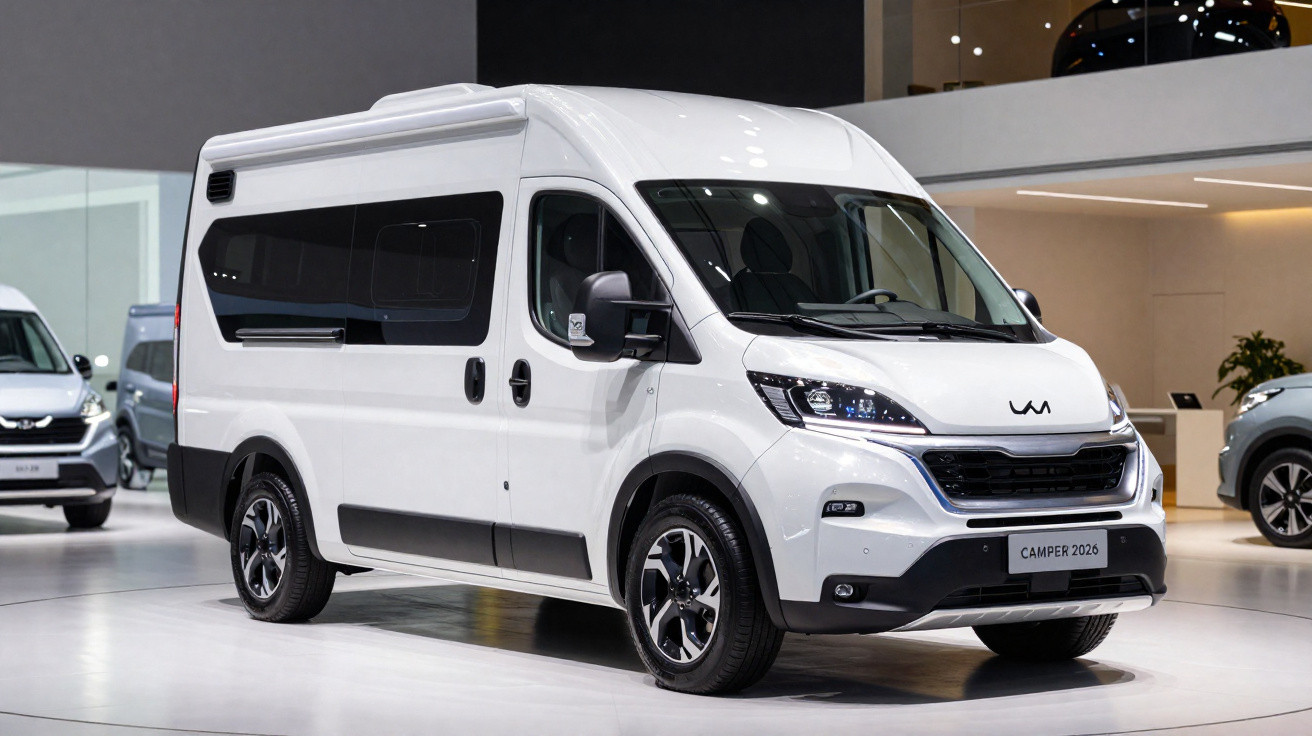 Van camper branca modelo 2026 exposta em salão de automóveis moderno e iluminado.