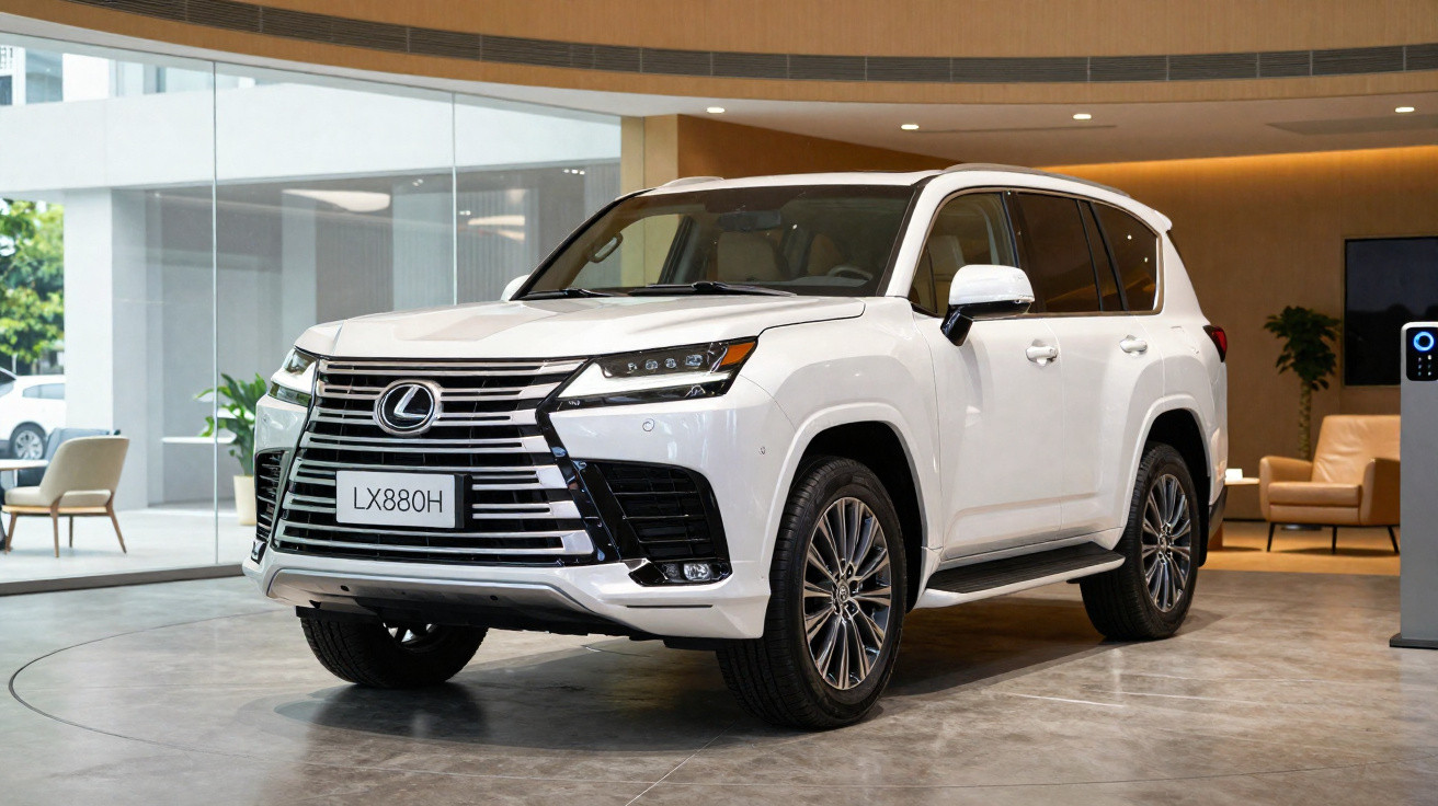 SUV branco Lexus LX880H estacionado em showroom moderno com piso de cerâmica cinza e móveis ao fundo.