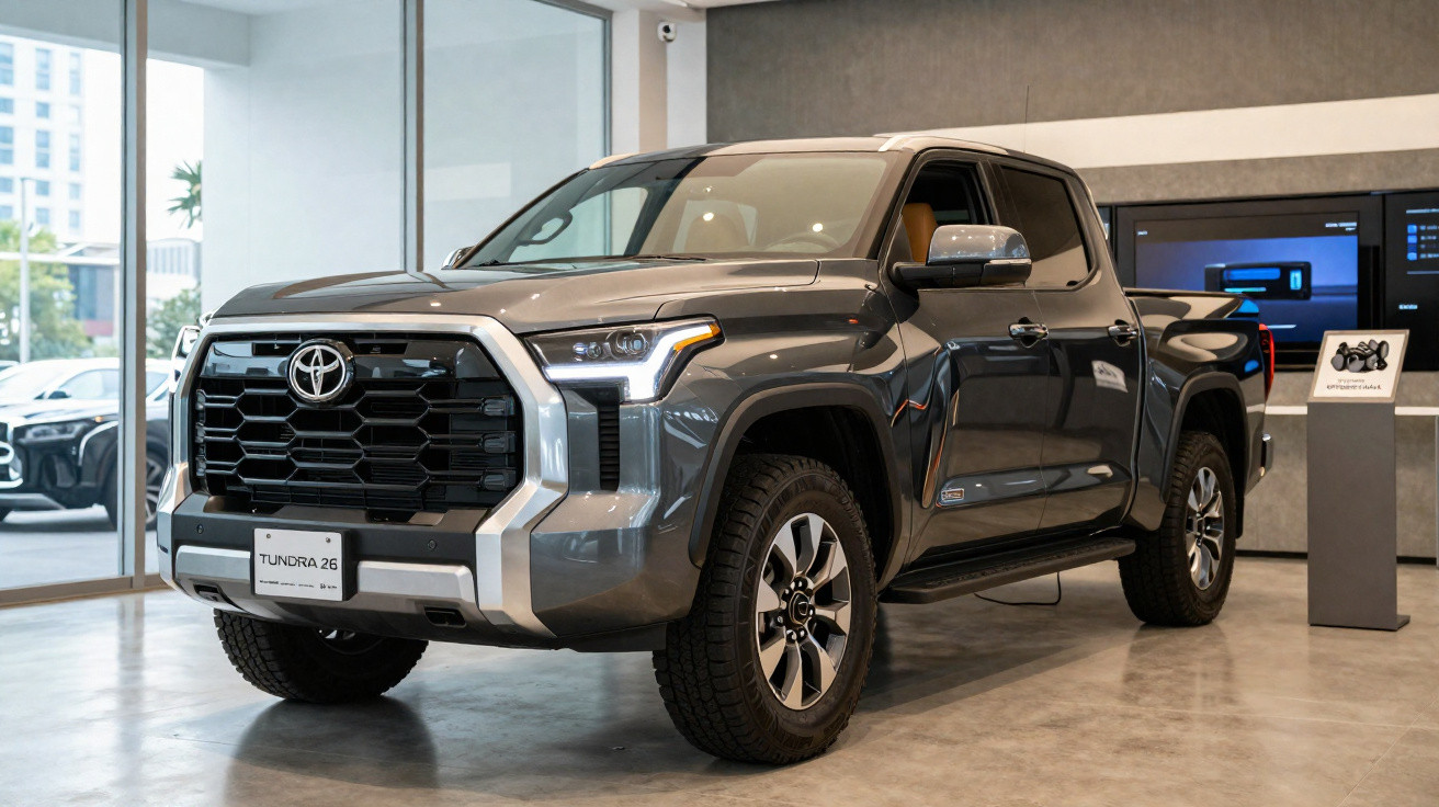 Picape Toyota Tundra cinza estacionada em showroom moderno e iluminado.