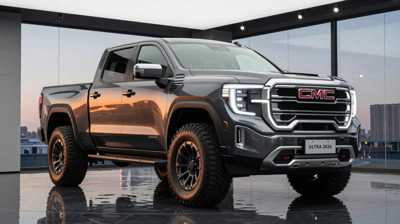 Picape GMC Ultra 2026 cinza metálica exibida em ambiente interno moderno com chão refletivo.