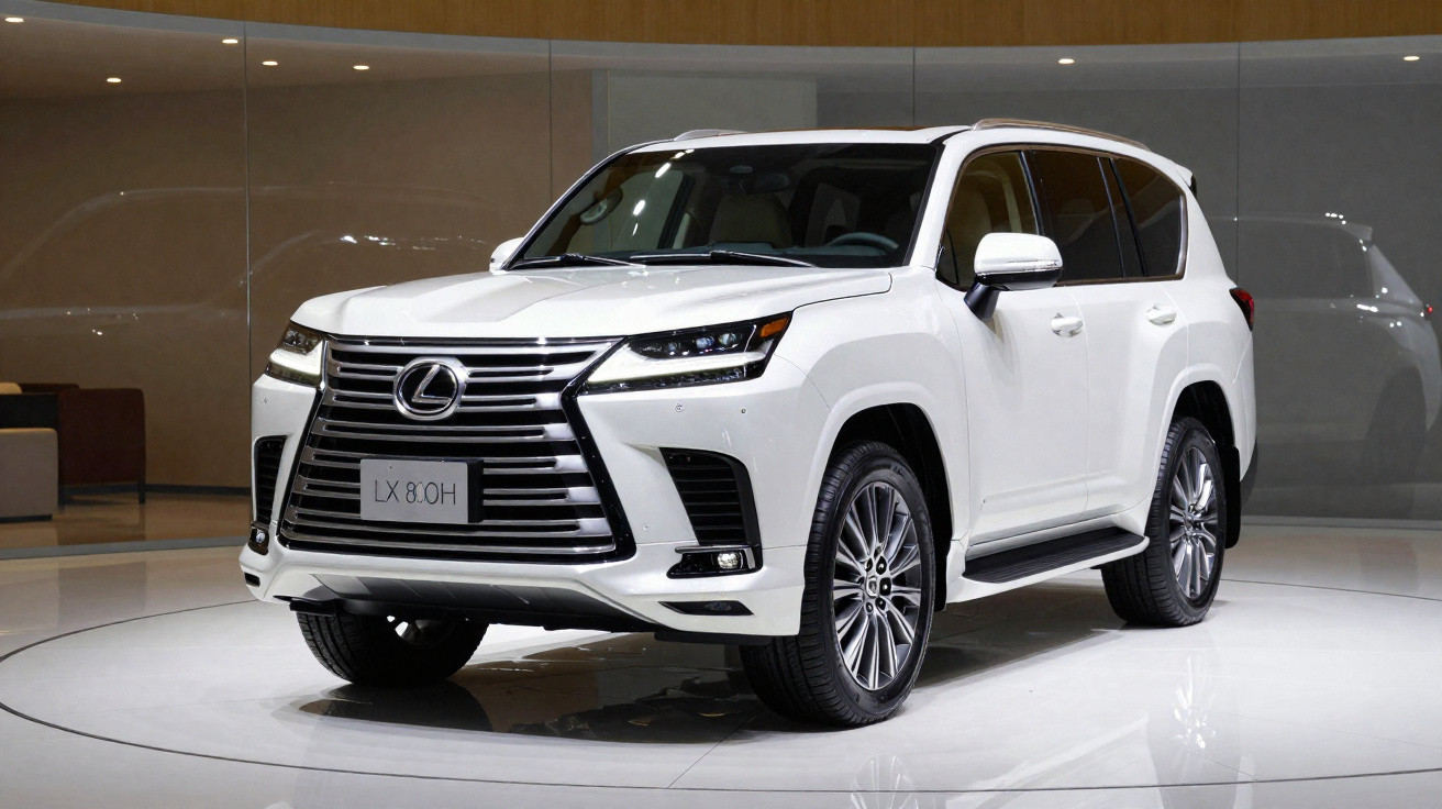 SUV branco Lexus LX 600 exibido em ambiente interno moderno com iluminação suave.