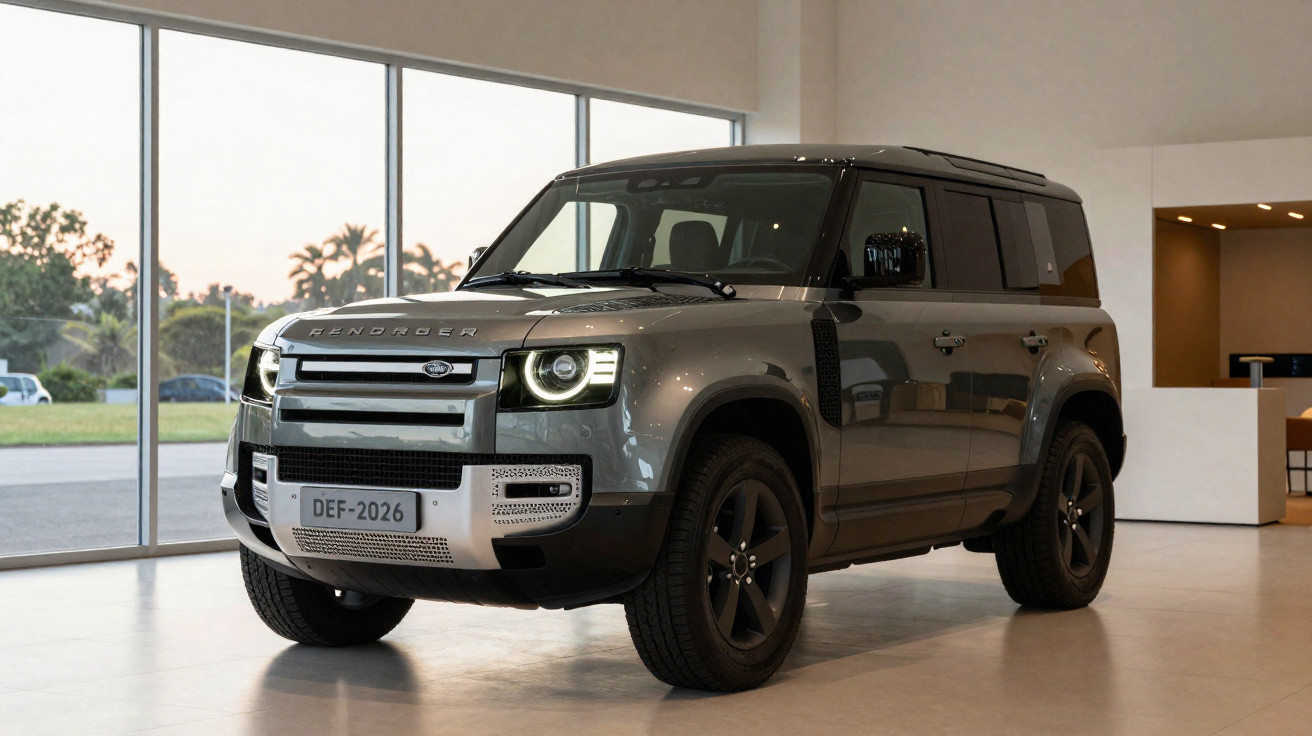 SUV Land Rover Defender cinza estacionada em ambiente interno com janelas grandes ao fundo.