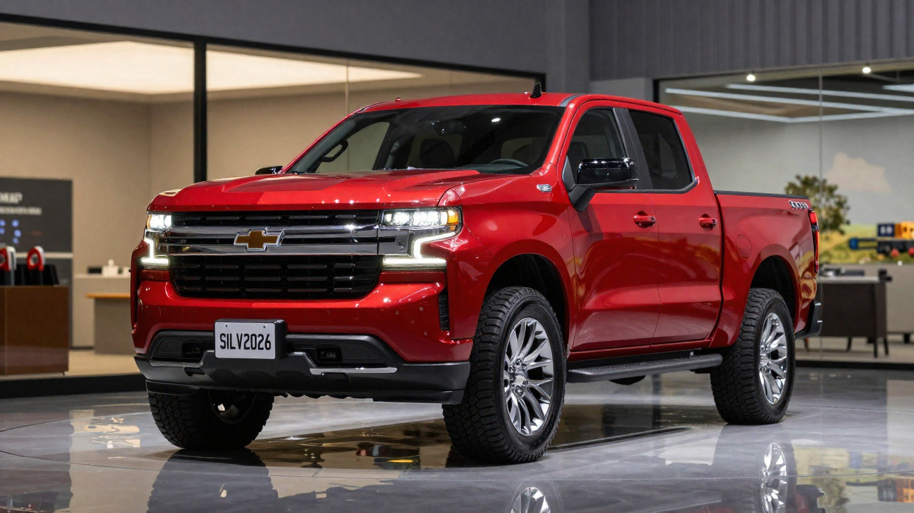 Picape Chevrolet Silverado 2026 vermelha exibida em ambiente interno moderno.