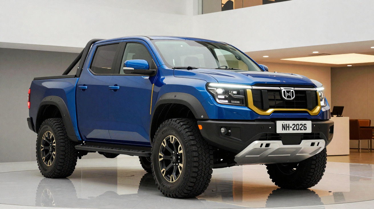 Picape azul com para-choque reforçado e pneus off-road exibida em ambiente interno moderno.