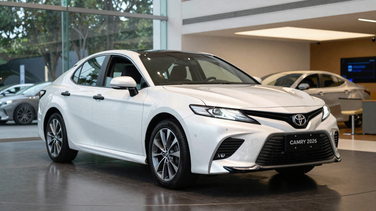 Carro Toyota Camry 2026 branco em exposição interna, sob luz natural e artificial.