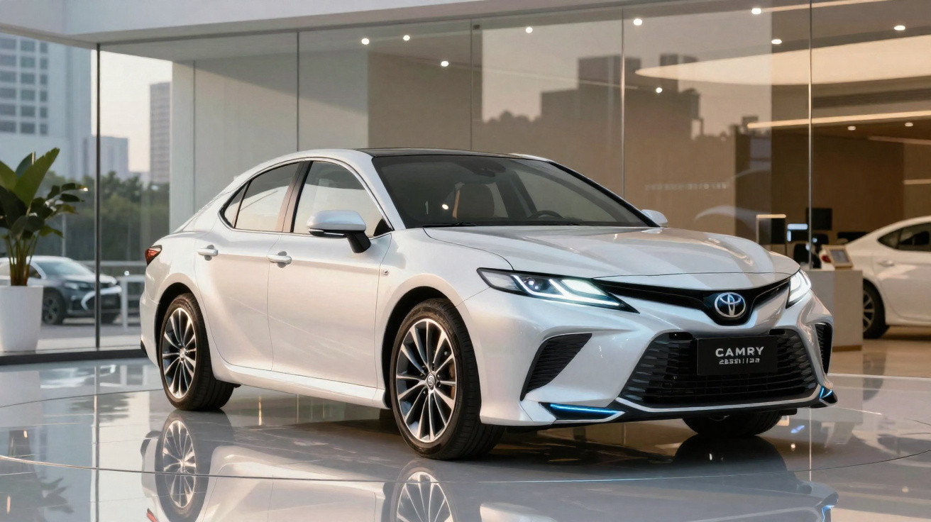 Carro Toyota Camry branco exposto em showroom com piso espelhado e vidro ao fundo.