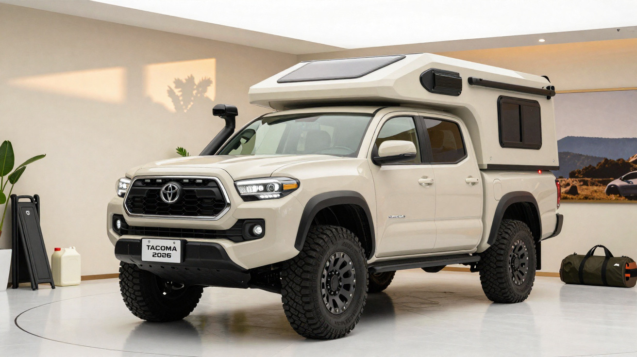 Picape Toyota Tacoma 2026 branca com camper off-road em ambiente interno moderno.