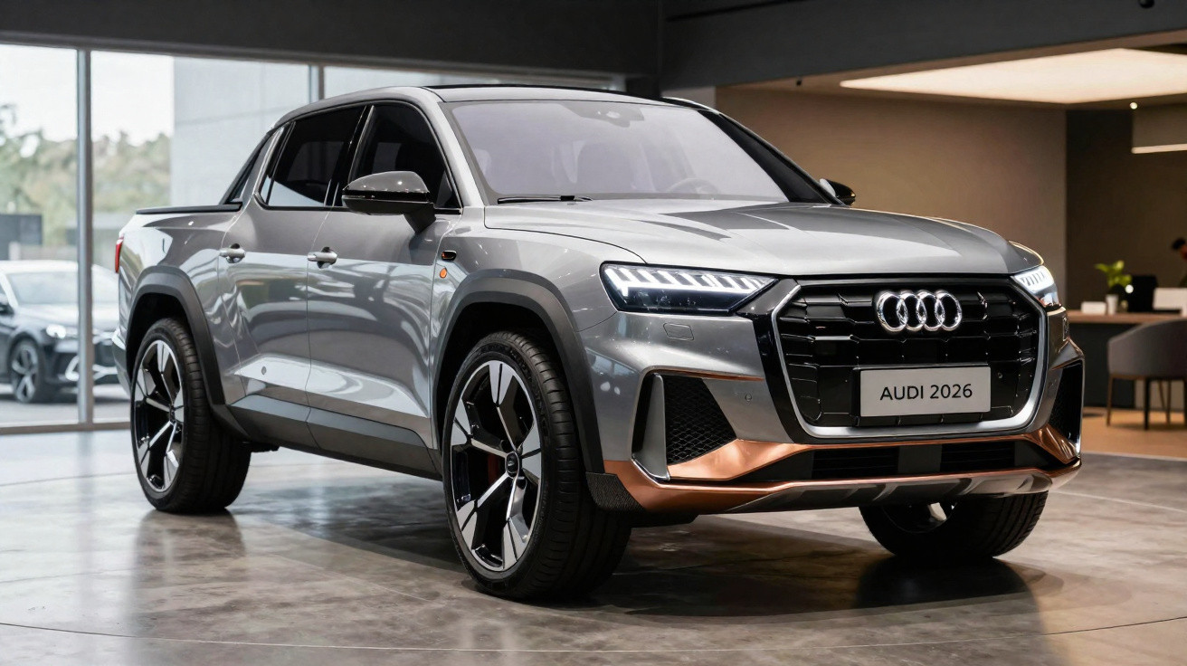 Picape Audi 2026 prata exibida em showroom moderno com luz natural e design robusto.