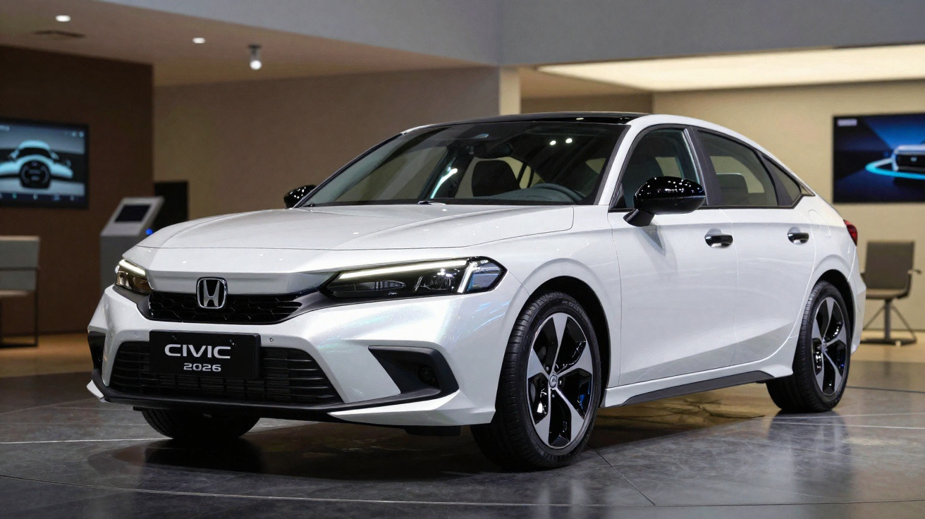 Carro Honda Civic 2026 branco exposto em sala moderna com iluminação suave e detalhes em preto.