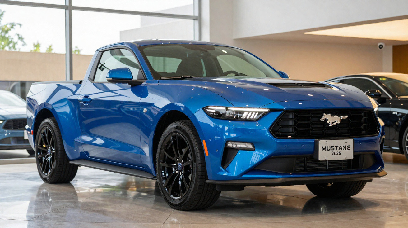 Picape Ford Mustang azul 2026 exibida em showroom moderno com piso de porcelanato.