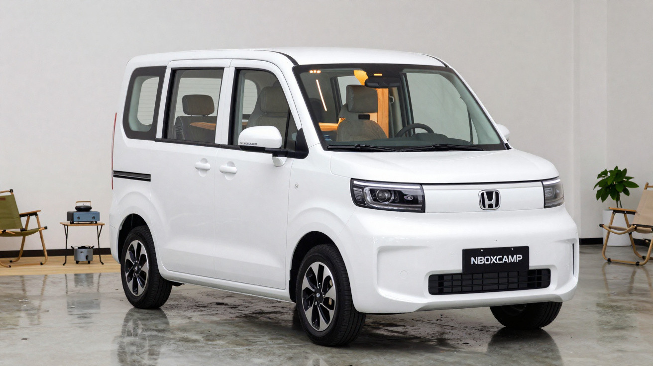 Carro compacto branco Honda NBOXCAMP estacionado em ambiente interno com cadeiras ao fundo.