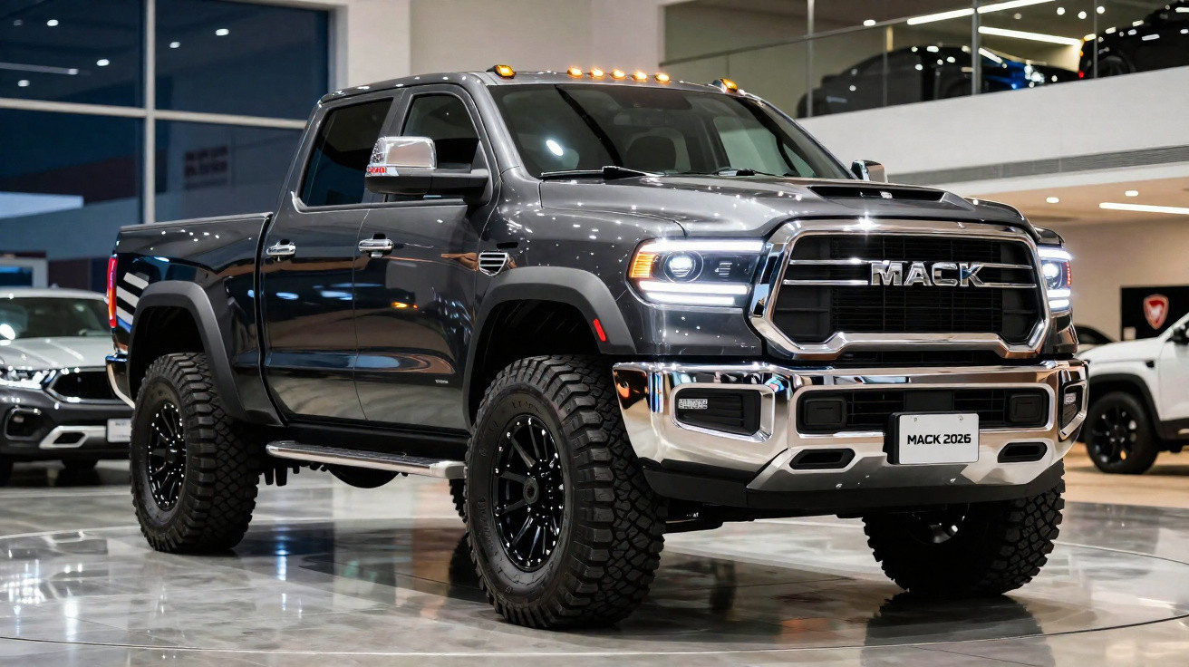 Picape preta Mack 2026 exibida em showroom com pneus robustos e detalhes cromados.