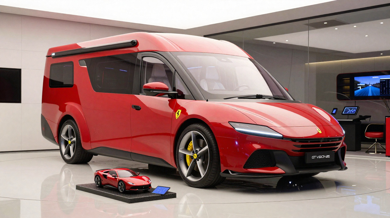 Van elétrica esportiva vermelha Ferrari GT VISION QS exibida em showroom moderno.
