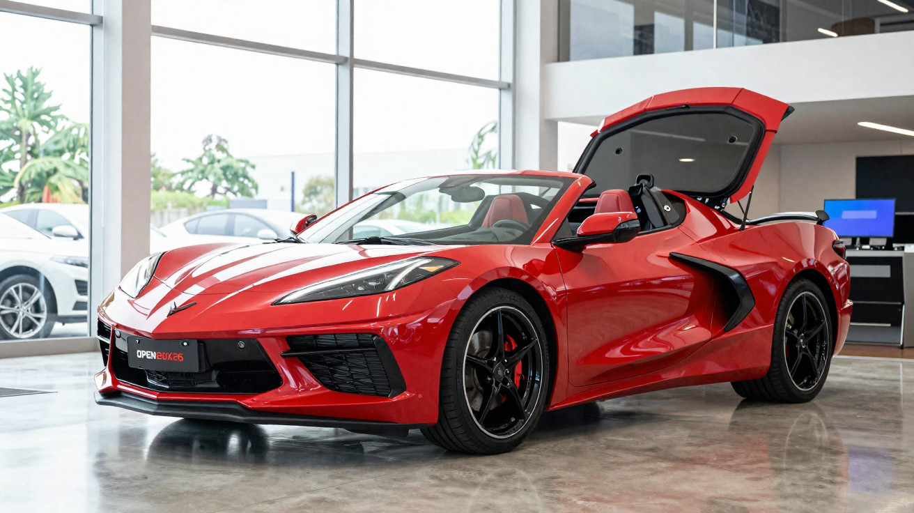 Carro esportivo conversível vermelho com porta-malas aberto, exibido em showroom moderno.
