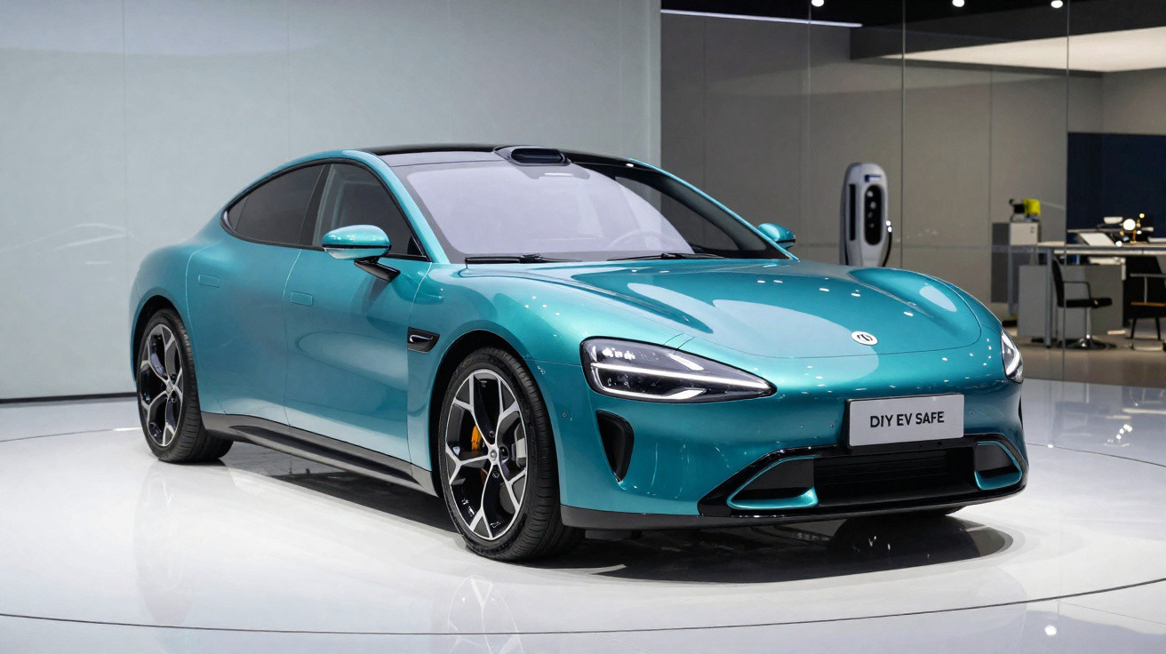 Carro elétrico esportivo azul em exposição em ambiente moderno e iluminado.