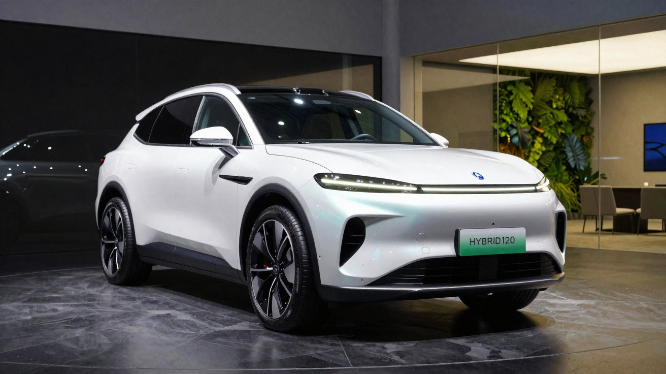 SUV branco elétrico híbrido exposto em showroom moderno com iluminação suave e detalhes em preto.
