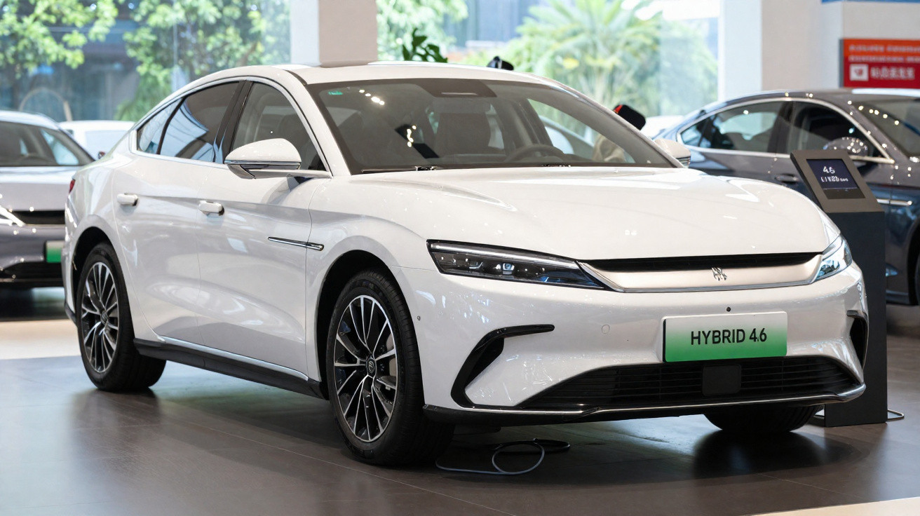 Carro elétrico branco modelo HYBRID 4.6 exibido em showroom moderno com piso cinza e iluminação natural.