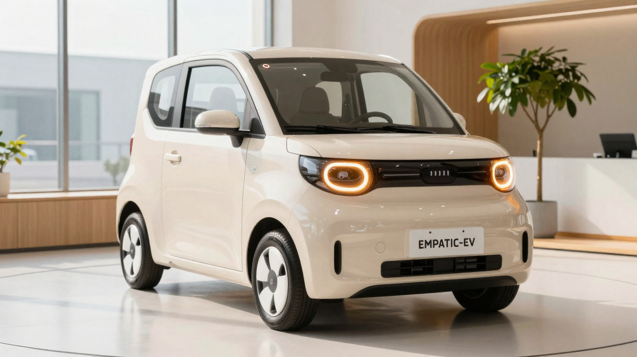 Carro elétrico compacto branco estacionado em ambiente moderno e iluminado.