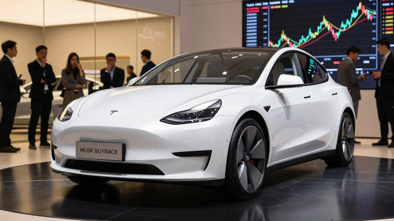 Carro elétrico Tesla branco em exposição com pessoas e gráfico de ações ao fundo.