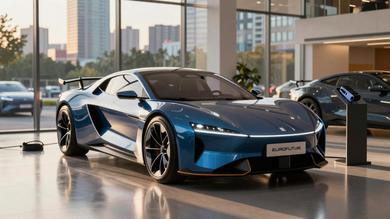 Carro esportivo elétrico azul em exposição com design aerodinâmico e rodas pretas em showroom moderno.