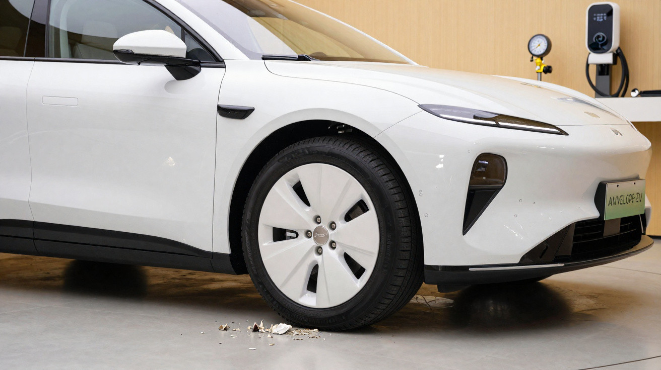 Parte dianteira de carro elétrico branco estacionado com carregador na parede ao fundo.