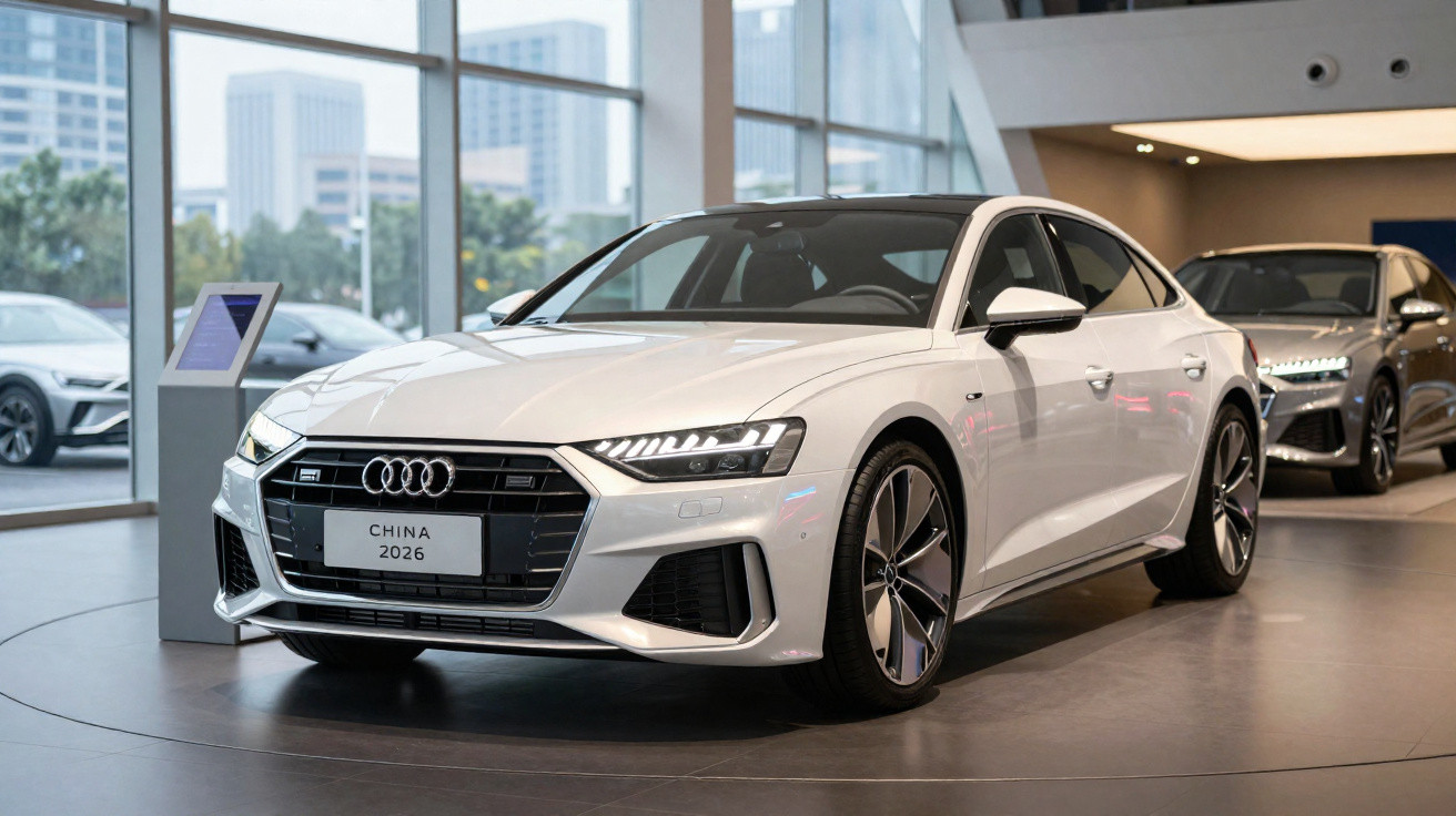 Carro Audi branco estacionado em showroom moderno com vidro e outro carro ao fundo.
