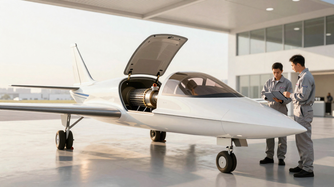 Aeronave branca com motor exposto e duas pessoas de macacão cinza analisando documento em hangar.
