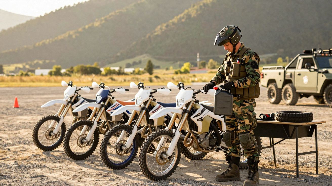 Soldado em uniforme camuflado abastecendo motocicletas brancas em terreno aberto com montanhas ao fundo.