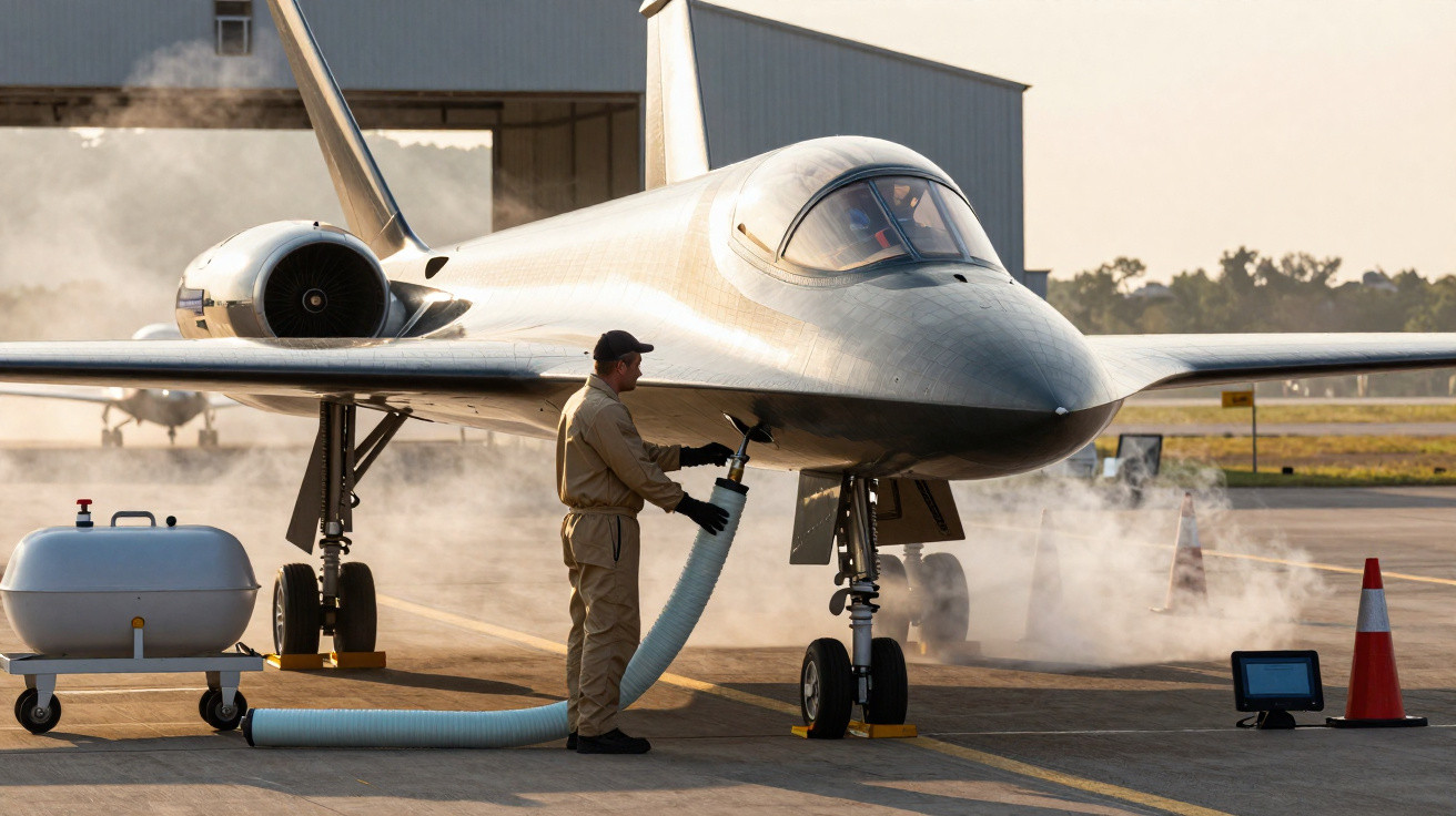 Técnico conectando mangueira a avião preto futurista em pista de aeroporto ao amanhecer.