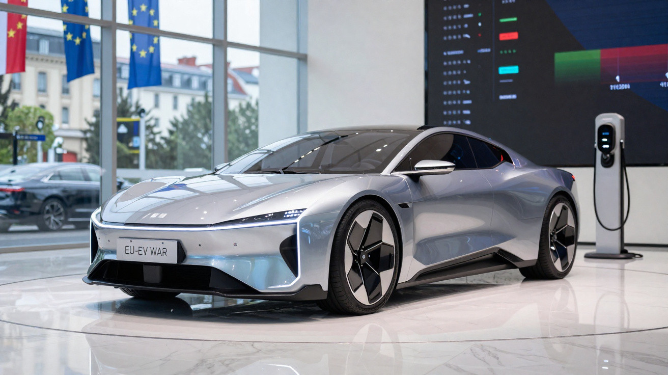 Carro elétrico esportivo prateado em exibição com estação de recarga ao lado em ambiente interno moderno.