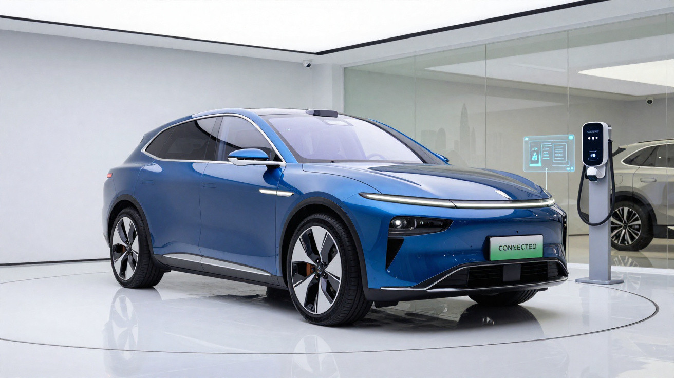 Carro elétrico azul estacionado em estúdio moderno com carregador digital ao lado direito.