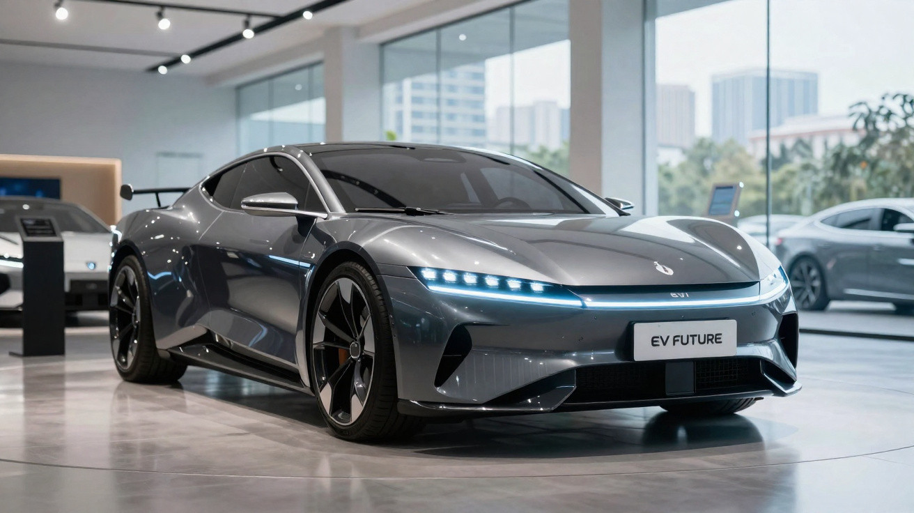 Carro elétrico esportivo cinza estacionado em showroom com vidro e prédios ao fundo.
