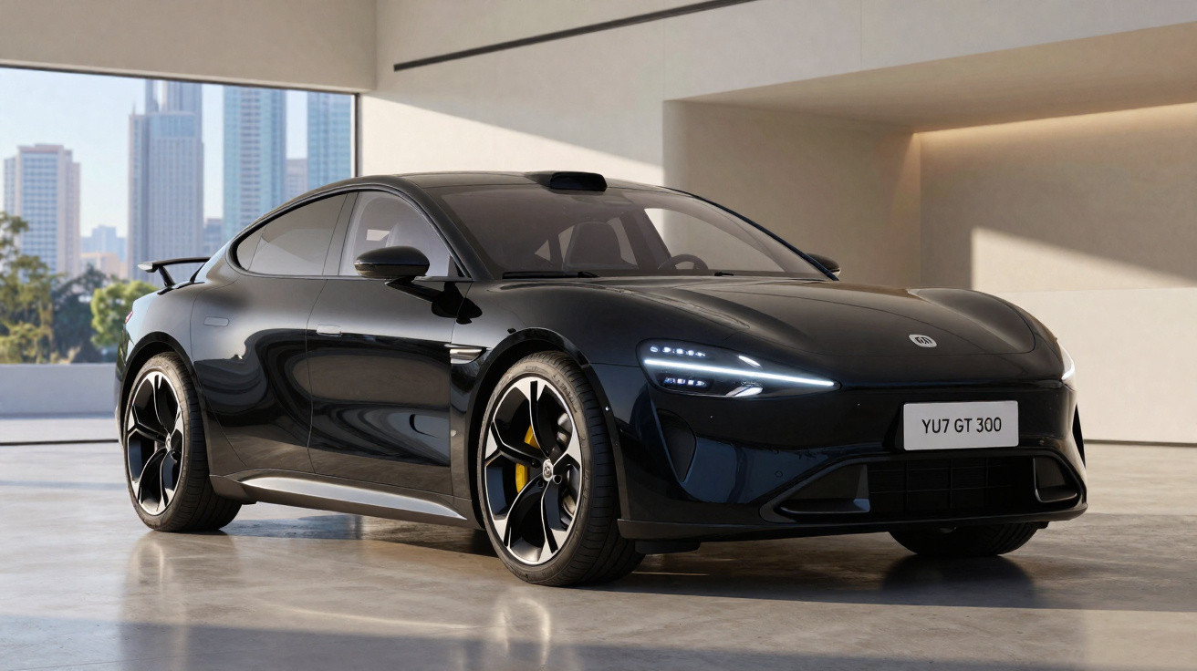 Carro esportivo elétrico preto estacionado em ambiente interno com luz natural refletindo na lataria.