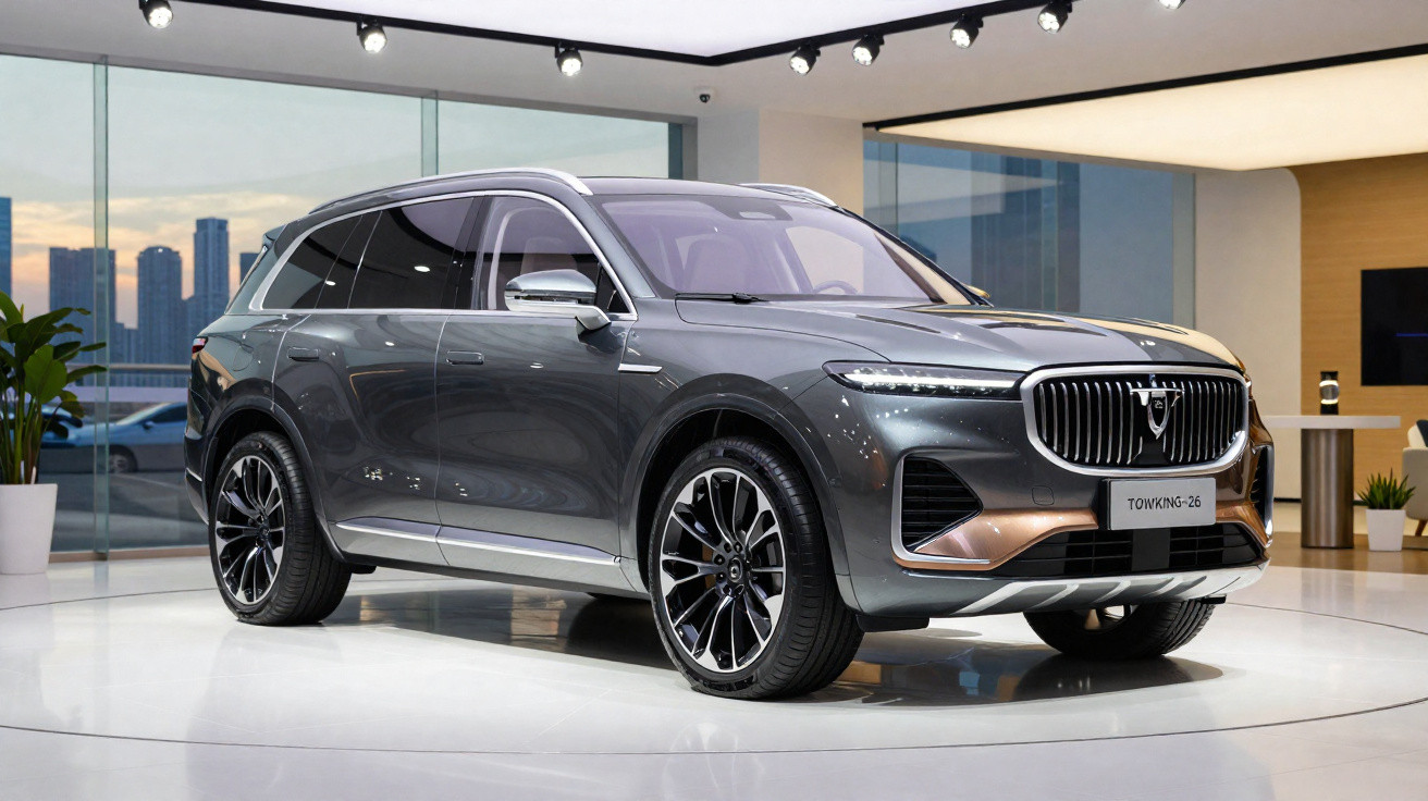 SUV premium cinza estacionado em showroom moderno com janelas de vidro ao fundo.