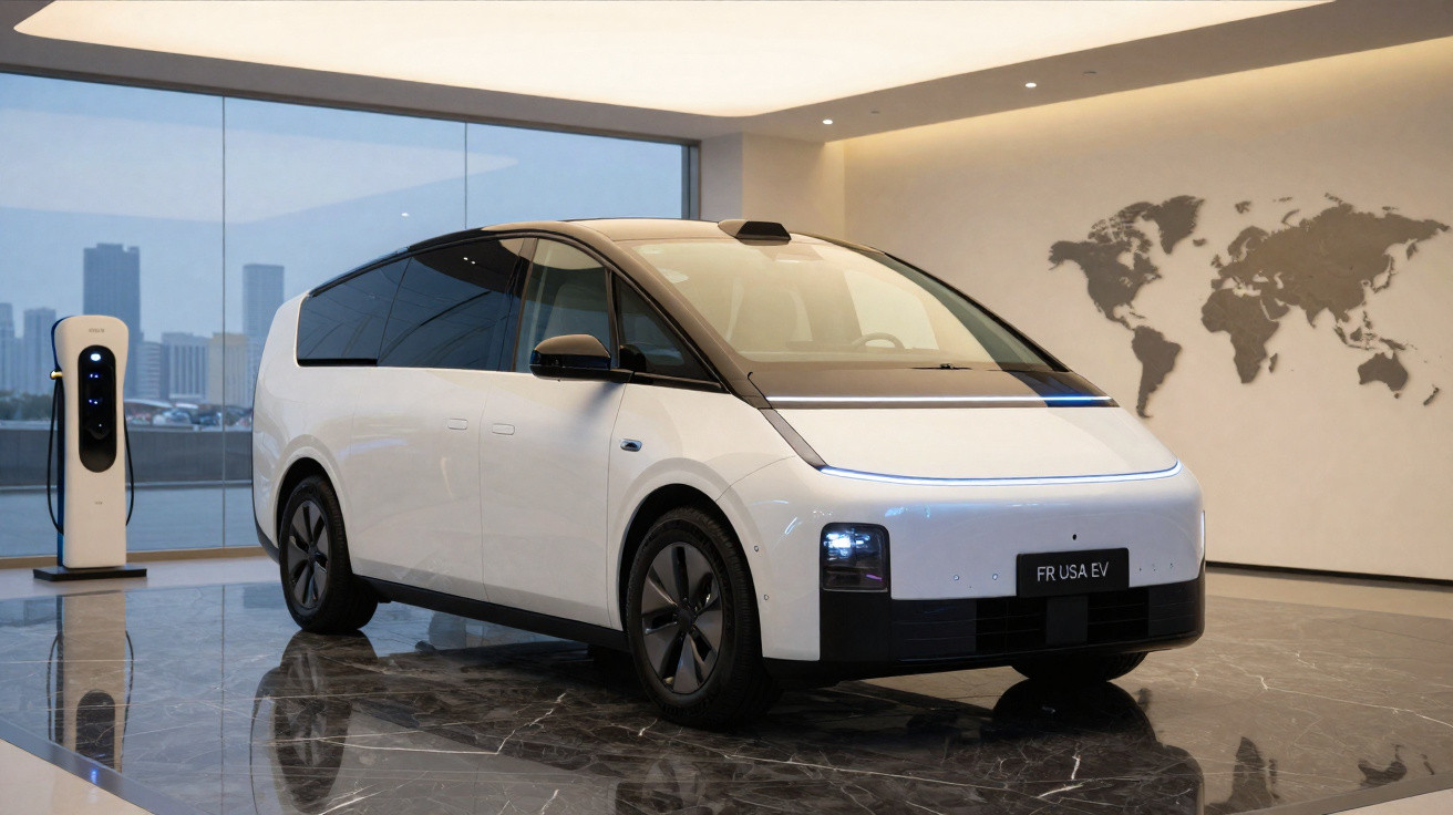 Carro elétrico branco estacionado em showroom moderno com estação de recarga e mapa mundi na parede.